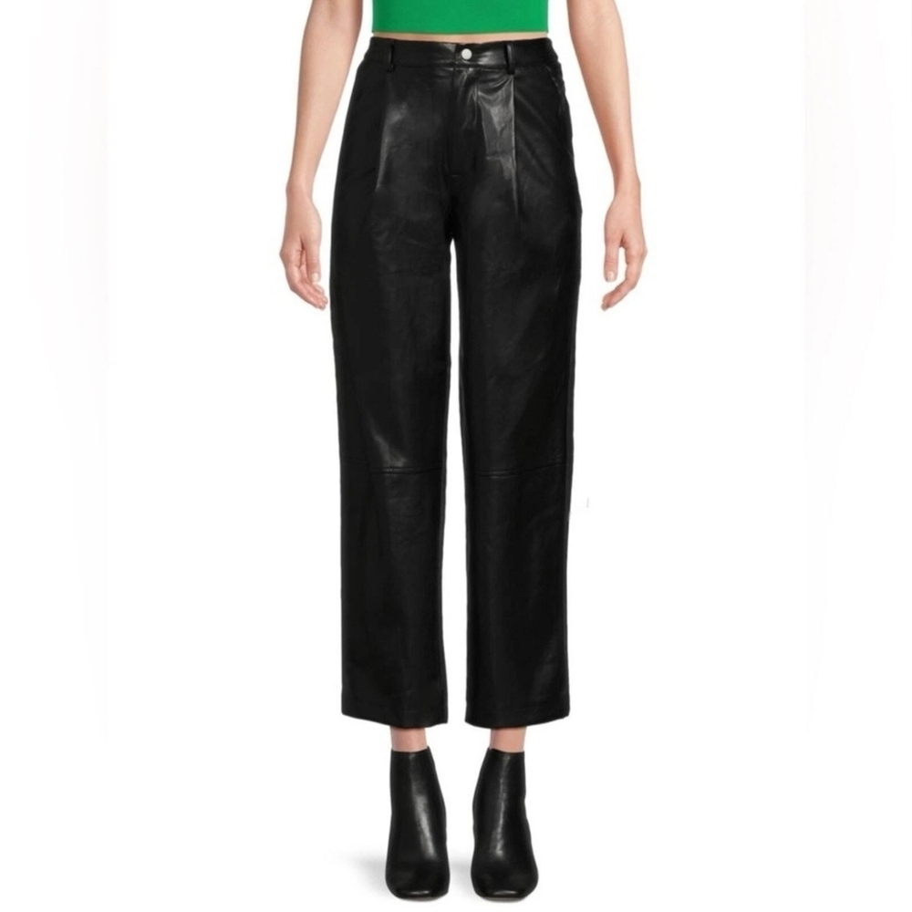 Avec Les Filles New Black Faux Leather Straight Leg‎ Pleated Pants Size Medium
